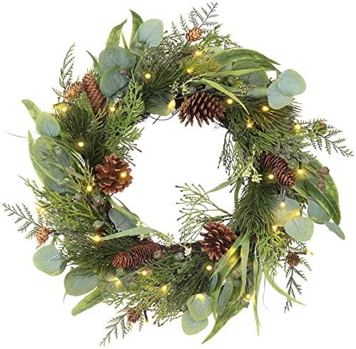 Pre Lit Christmas Wreath for Front Door Green Wreath Decorated with Pine Cones,Berry Clusters, Abundant Fit Branches 18 Lighted Christmas Wreaths for Windows Winter Wreath Hanging Wall Decor (18" Battery Powered)