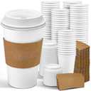 Ginkgo 100 Pack 16 oz Disposable Coffee Cups with Lids and Sleeves Leak-Proof White Paper Cups, Insulated To Go Hot Beverage Cups, Coffee Bar Accessories