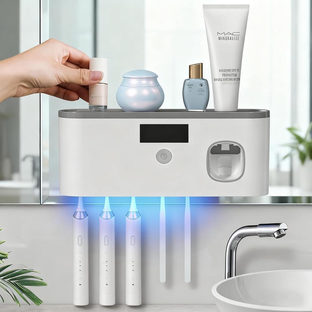 Toothbrush Holders for Bathrooms, Toothbrush Holder Wall Mounted with Toothpaste Dispenser Bathroom Solar Charging and No Drilling Required Tooth Brush Holder with 5 Brush SlotsGray (White-graytop)