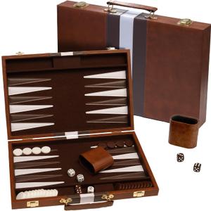 Backgammon Board Game, Deluxe Leather Like Case, Felt Interior, Brown, Classic Backgammon Game, Popular Board Game, Board Games (Large (18"))