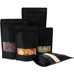 100 Pcs 4 x 6 Inch Stand Up Black Kraft Paper Bags with Matte Window, Resealable Zip Lock Food Storage Bags, Reusable & Heat Sealable for Packaging