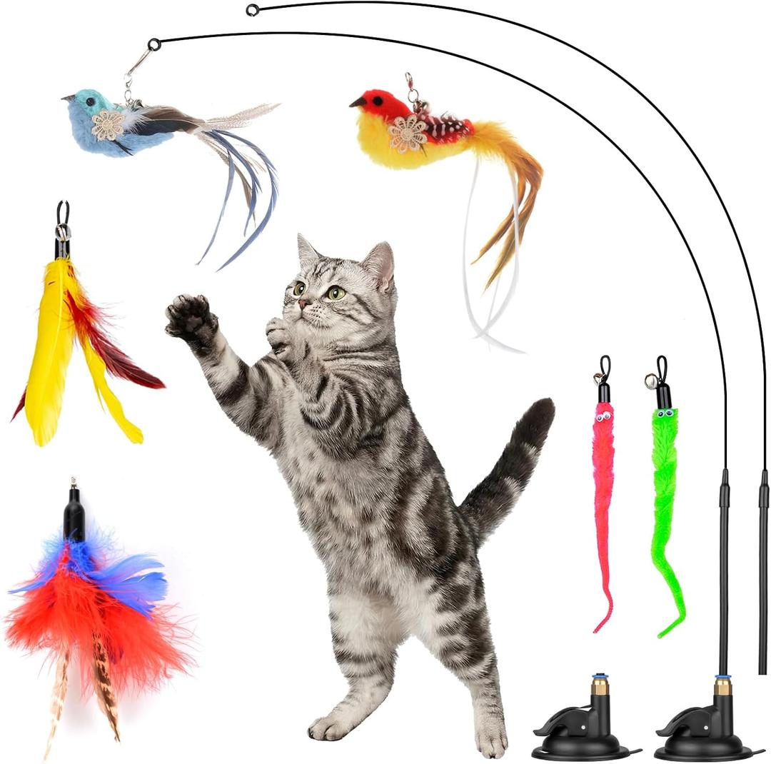 Interactive Cat Feather Toy with Suction Cup 10-Piece Set Including 2 Detachable Wands & 6 Replacement Teasers, No-Marking Vacuum Base for Indoor Play