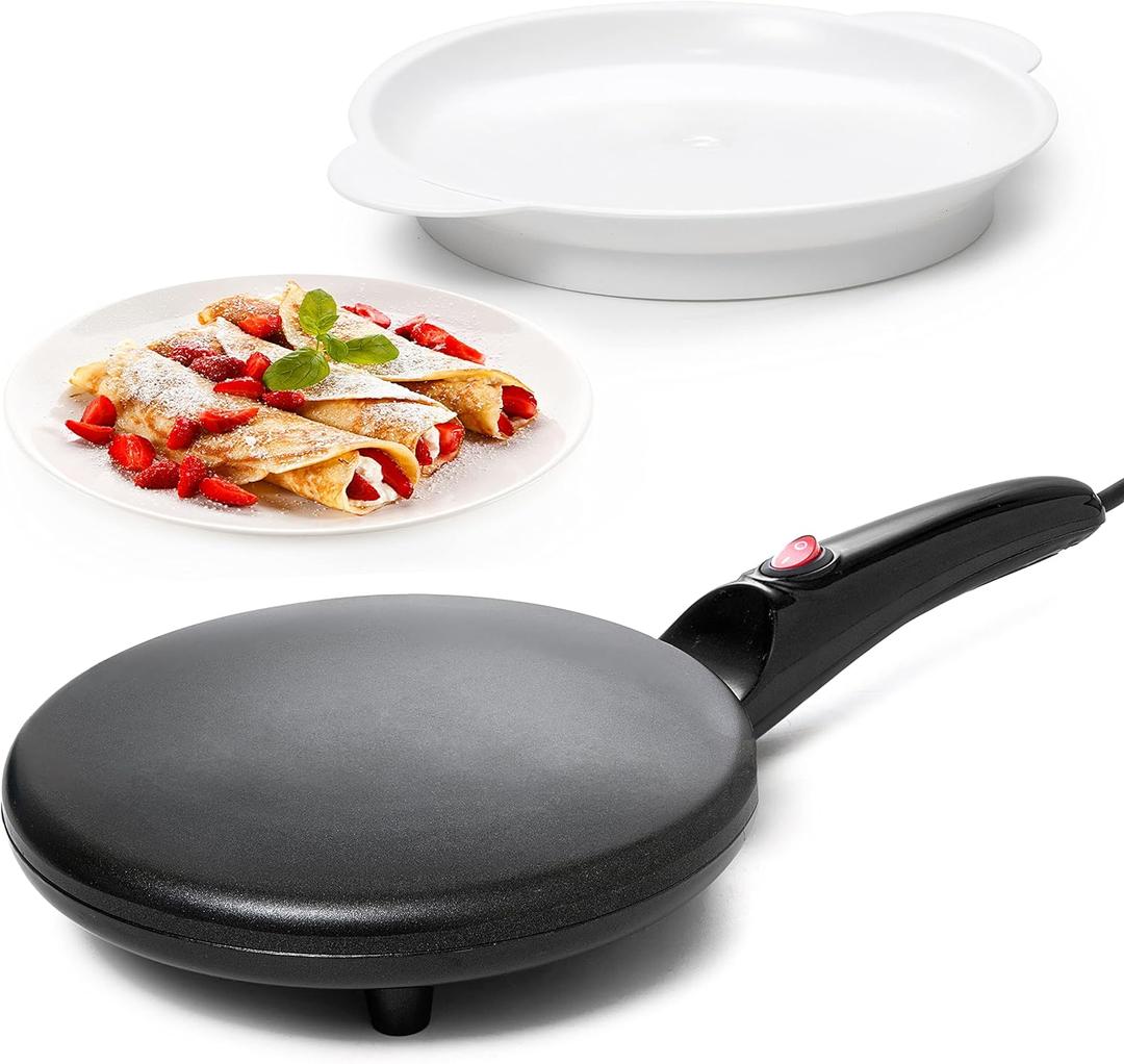 Moss & Stone Electric Crepe Maker  8 Portable Crepe Pan Nonstick with Dipping Plate, Auto Shut-Off, On/Off Switch, Even Heating & One Automatic Temperature Control  Compact Crepe Maker (Black)