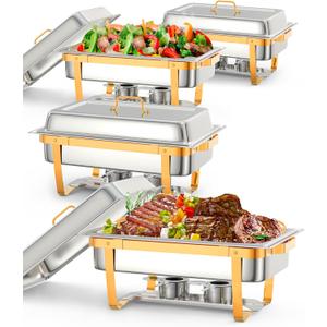 Chafing Dish Buffet Set, 8QT 4 Pack, Rectangle Chafing Dishes for Buffet w/Lid Holder, Stainless Steel Chafer Food Warmers Servers for Kitchen Party Banquet Dining, Gold