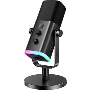 FIFINE USB/XLR Dynamic Microphone for Podcast Recording, PC Computer Gaming Streaming Mic with RGB Light, Mute Button, Headphones Jack, Desktop Stand, Vocal Mic for Singing YouTube-AmpliGame AM8 (Black)