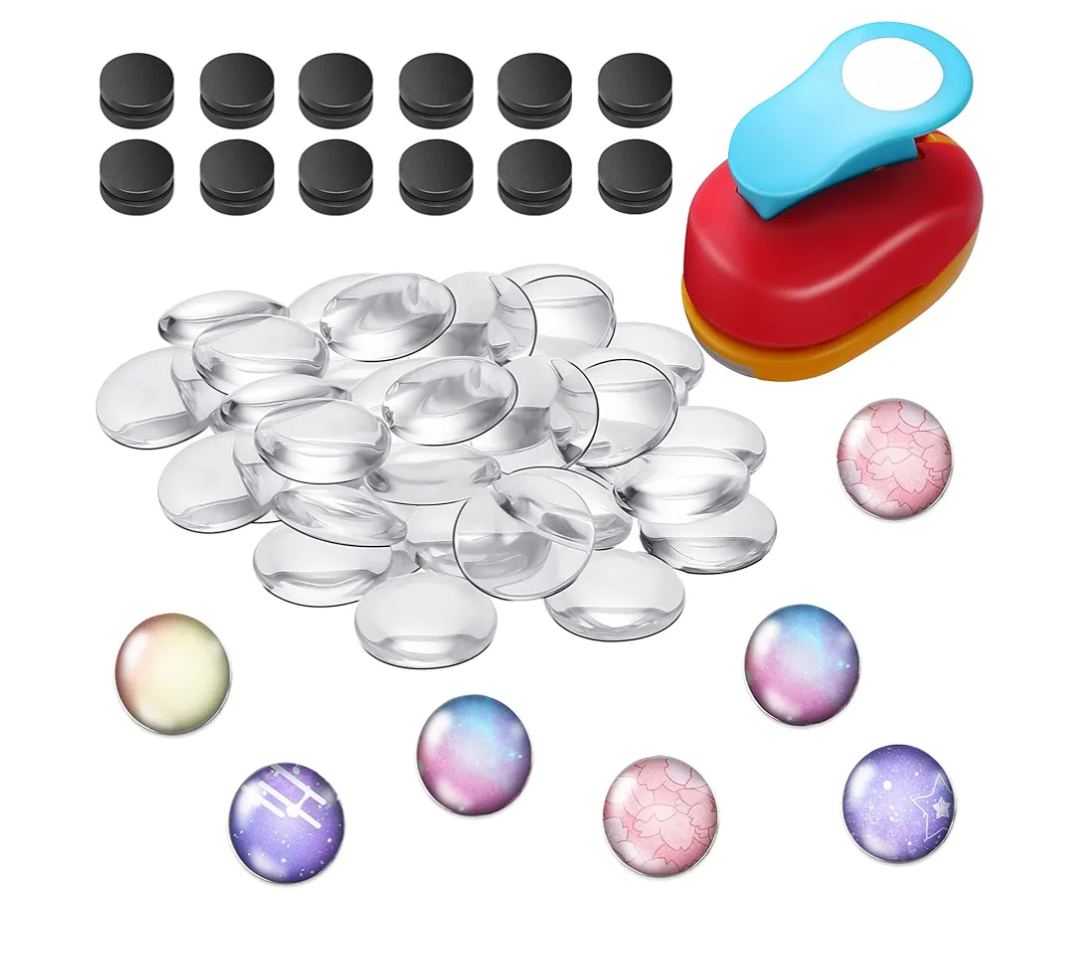 Colzzy 41 Pieces DIY Magnets for Fridge Clear Glass Round Magnets Kit for Crafts Include 1 Inch Paper Punches for Decorative Craft DIY Refrigerator Office Whiteboard Making