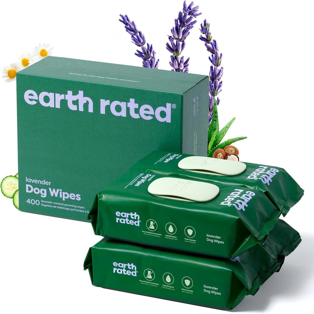 Earth Rated Dog Grooming Wipes, Hypoallergenic, Cleaning and Hydrating, for Paws, Body and Butt, Lavender Scented, 400 Count (400 Grooming Wipes, Lavender)