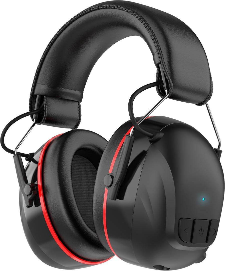 Qozybuds Bluetooth 6.0 Hearing Protection Headphones with 120H Working Time, 30dB SNR, Superior Stereo Sound Quality, Larger Buttons for Easy Operation, Safety Ear Muffs for Lawn Mowing, Workshops, Black Red