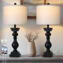 28" Tall Farmhouse Table Lamps Set of 2 with USB A+C Ports and AC Outlet, 3 Way Touch Rustic Bedside Lamps for Bedroom, Black Vintage Lamps for Living Room