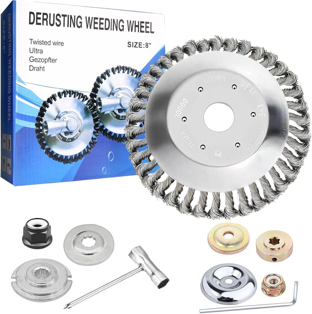 8 inch Steel Wire Weed Wheel Brush Cutter Trimmer Head, Universal Weed Eater Attachments, Unbreakable Wired Trimmer Blade Replacement with 2 Pack of Adapters kit for Weed Wacker