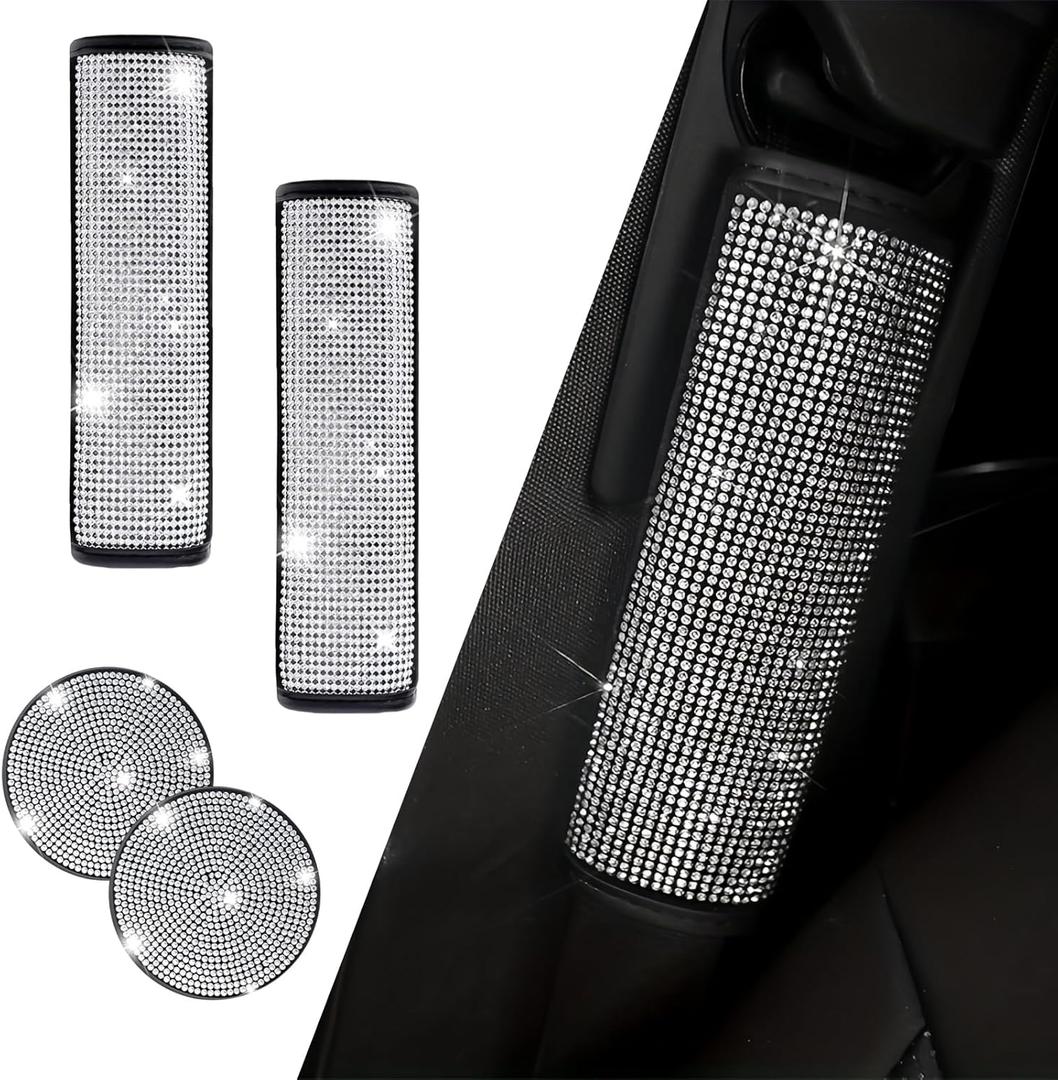 2PCS Bling Car Seat Belt Cover, Crystal Rhinestone Seatbelt Covers with 2 Coaster for Women, Universal Diamond Strap Protector for Car, Truck, SUV Interior Accessories (White)