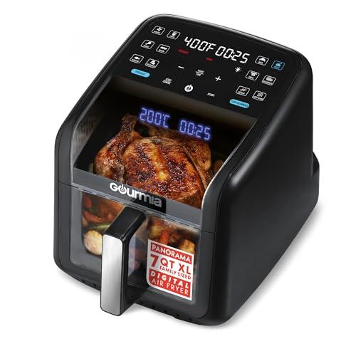 Gourmia Air Fryer 7 QT - Easy View Panorama Window & Interior Light, Guided Cooking with 12 One-Touch Presets, FryForce 360, Dishwasher Safe Accessories, Black