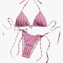GORGLITTER Women's Gingham Bikini Y2k Plaid Checkered Halter Triangle Top and High Cut Thong Swimsuit Trendy S