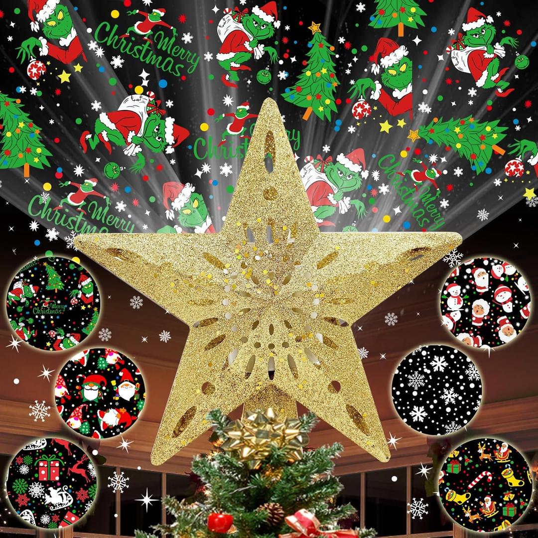 10" Christmas Tree Topper Star Lighted with 6 Projection Modes, Light Up Christmas Tree Topper Built-in LED Rotation Light, 3D Glitter Dynamic Projector Tree Top for Xmas Party Decorations Gift (Gold)