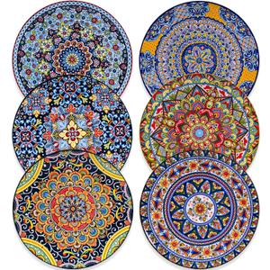 8.5 Inch Ceramic Dinner Plates Set of 6, Bohemian Appetizer Dessert Plates, Microwave Oven Dishwasher Safe, Hand Painted Artisan Design, Gift for Housewarming Thanksgiving