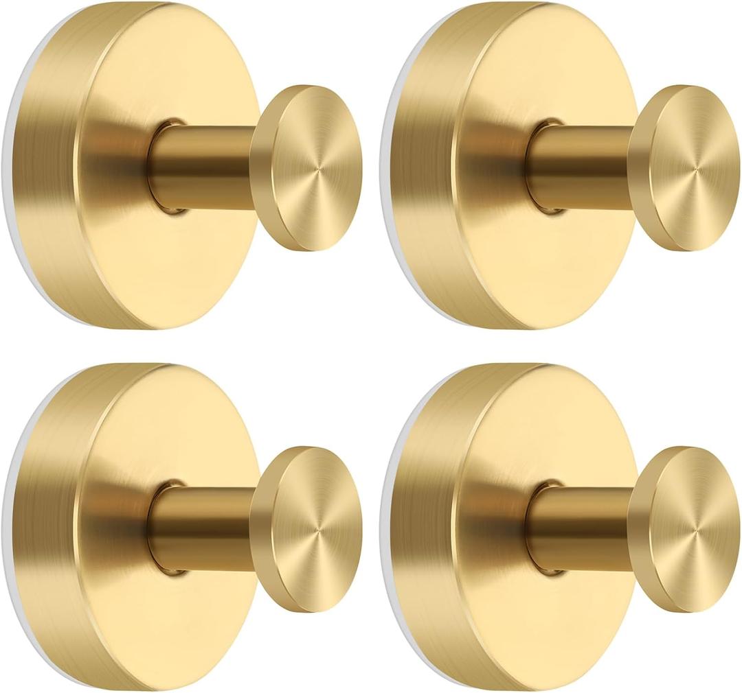 Gold Suction Cup Hooks for Shower Stainless Steel, Gold Suction Hooks for Shower Wall Hangs 11lbs, Bathroom, Kitchen, Glass Door, Mirror, Tile, Loofah, Towel, Coat, Bath Robe, Brushed Gold 4 Pack