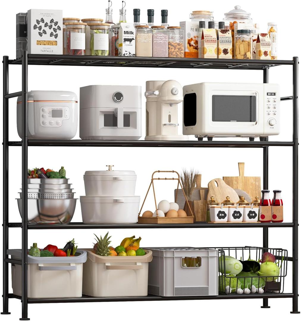 Storage Shelves - 4 Tier Shelf Organizer, Heavy Duty Garage Shelving Unit with Leveling Feet, Stable Metal Shelves Organizer for Pantry, Kitchen and Closet, 46.3" W x 12.6" D x 46.6" H, Black