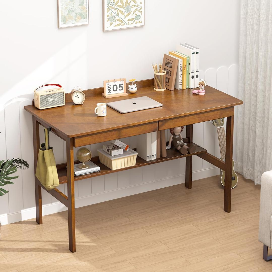 Solid Wood Writing Desk with Drawers, 47" Mid Century Modern Desk, Vintage Home Office Computer Desks and Storage Shelf, Wooden Study Table for Bedroom Small Spaces, Study Makeup Workstation, Walnut