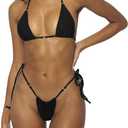 Women Halter String Bikini Set Sexy Thong Cheeky Two Piece Swimsuits Solid Color Bathing Swimwear (Medium, Black)