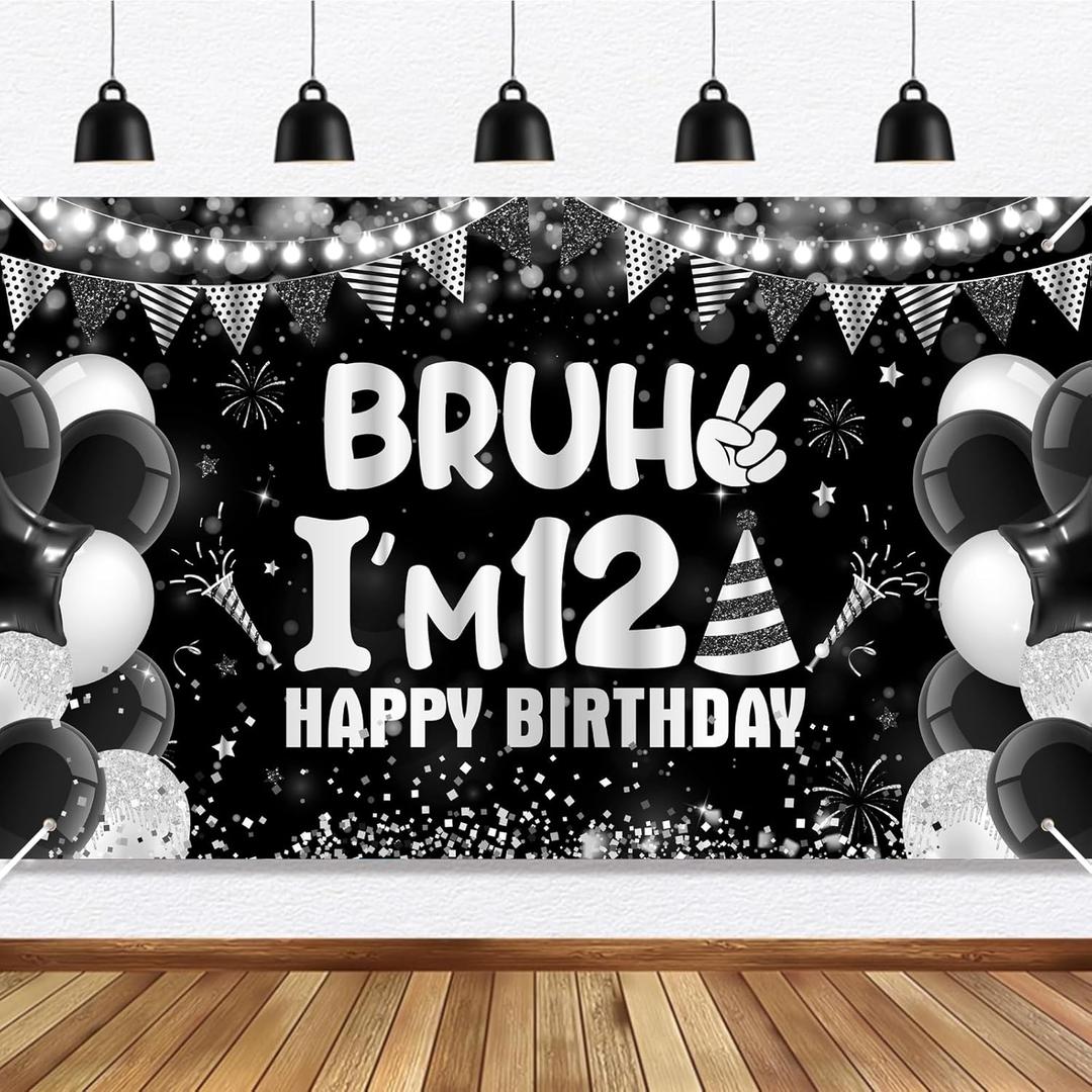12th Birthday Party Decorations Backdrop for Boys Black Silver Bruh I'm 12 Banner Funny Teenage Bday Banner Teen Boy 12th Birthday Decor 5.9x3.6ft Happy 12 Years Old Birthday Party Supplies