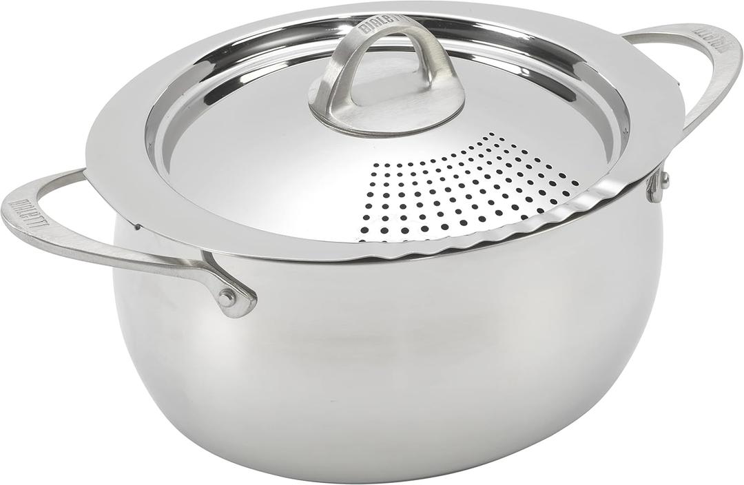 Bialetti 6-Quart Nonstick Aluminum Pasta Pot with Strainer Lid and Handles, PFOA-Free Nonstick Oval Cooking Pot and Lid, Silver (Stainless Steel)