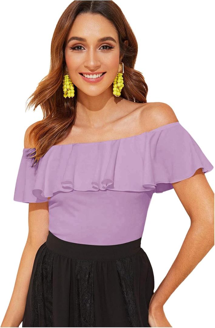 WDIRARA Women's Stretchy Off Shoulder Flounce Sleeve Sexy Slim Blouse Tops Shirt (XX-Large, Lilac Purple)