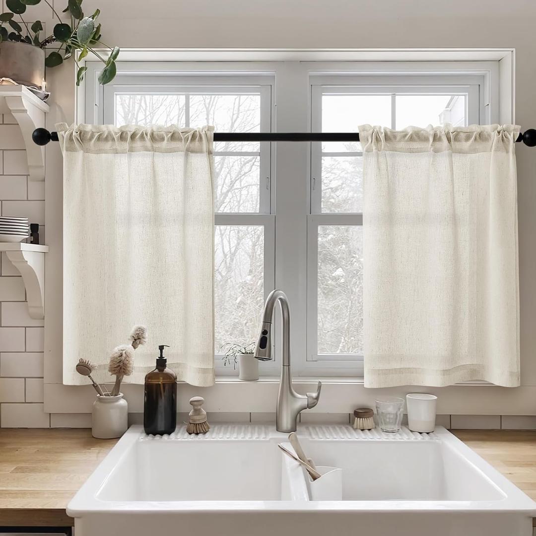 Neutral Linen Cafe Curtains 24 Inch Length Light Filtering Semi Sheer Mini Curtains for Small Window Basement Bathroom Rod Pocket Boho Short Sheer Kitchen Drapes for Half Window Greyish Beige (Oatmeal)