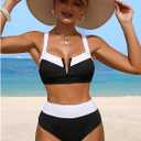 RoseSeek Women's 2 Piece Ribbed Knit Bikini Sets Cut Out Front Contrast Color Swimsuit Elegant Beachwear (M)