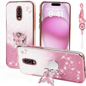 for Oneplus 6T / Oneplus 7 Phone Case,for Plus One 1+6t / 1+7 Mobile Phone Case for Women and Girl, Glitter Butterfly Floral TPU Protective Cover with Kickstand+Strap for Oneplus 6t (Pink)
