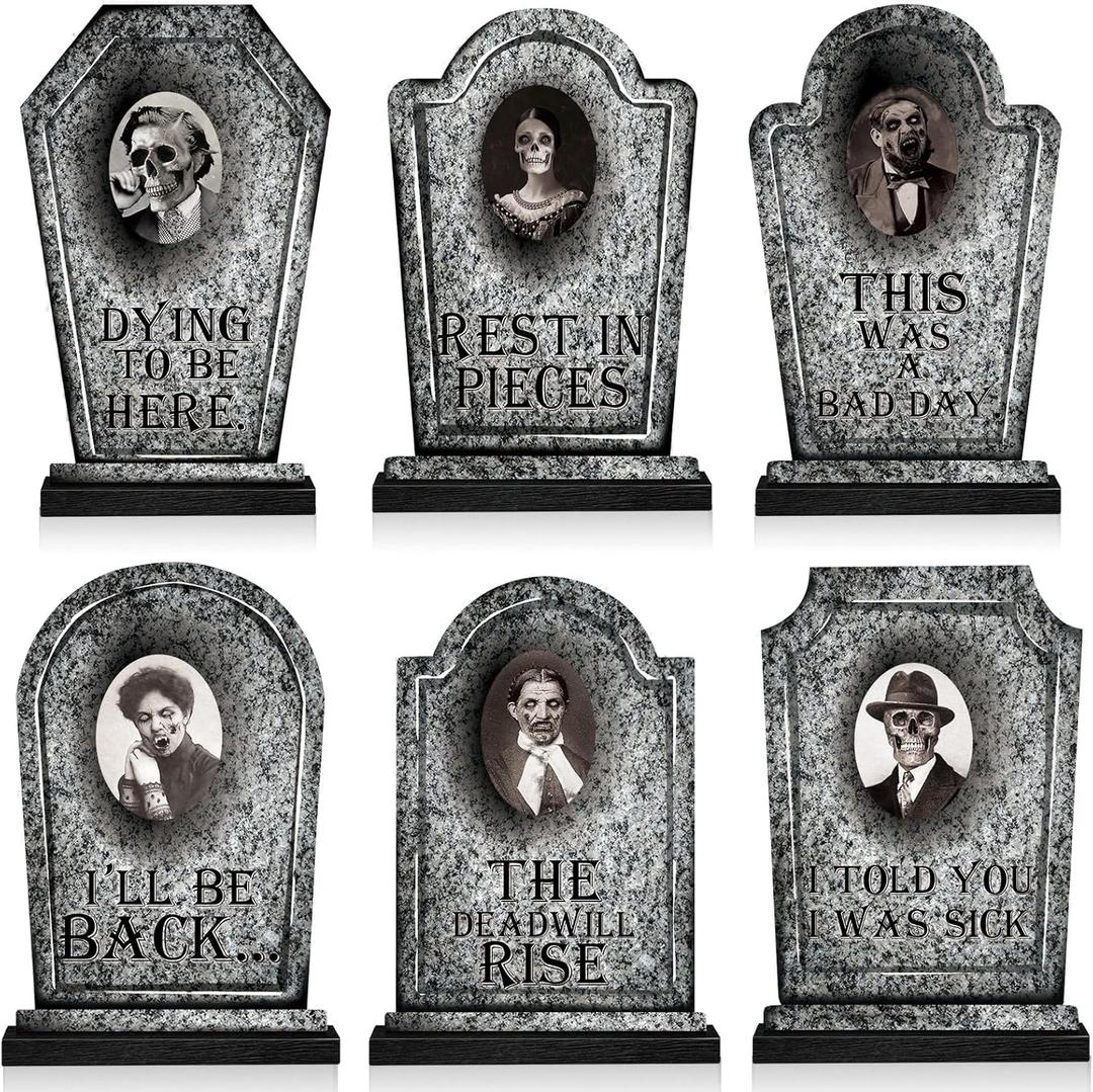6 Pcs Halloween Graveyard Tombstones Centerpieces with 6 Pcs Scary 3D Changing Face Moving Picture Frame, Rip Gravestone Wooden Table Decoration Halloween Party Home Accessories (Marble)
