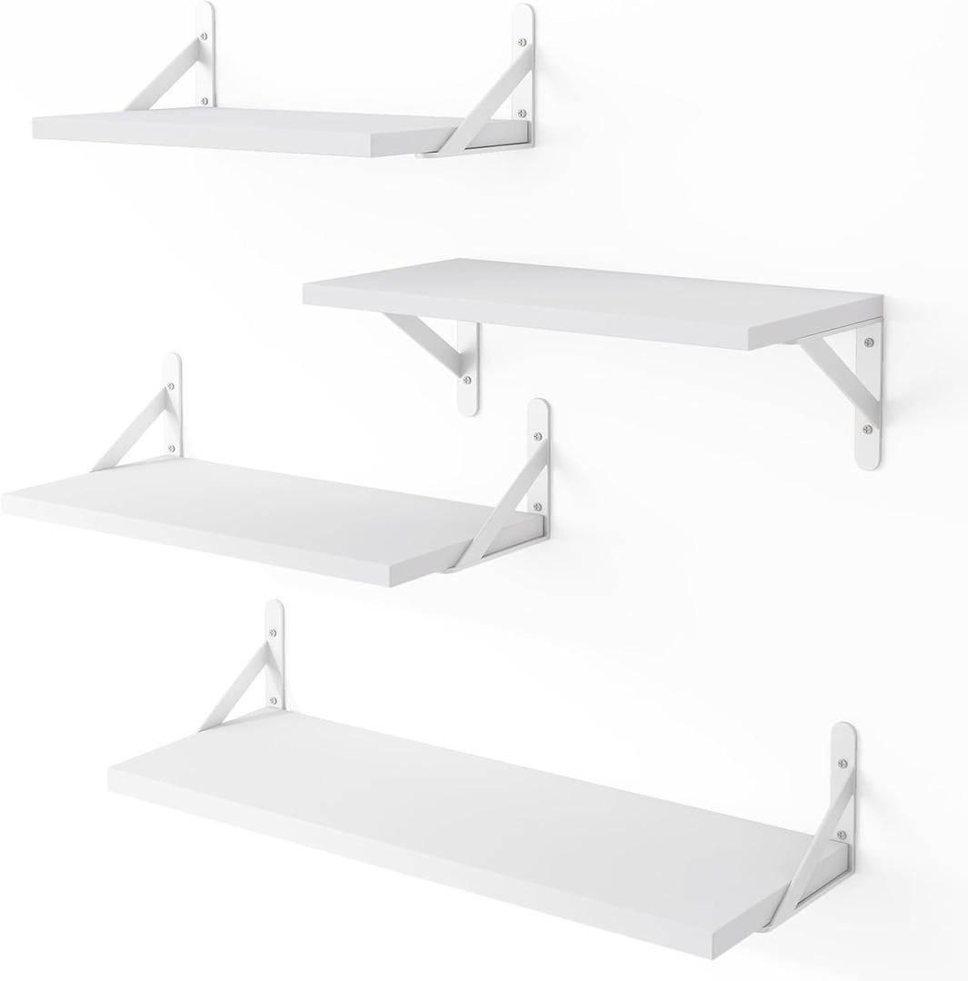 YGEOMER Floating Shelves for Wall, Different Sizes White Wall Shelves for Living Room, Bathroom, Bedroom, Kitchen, Home Decor (Set of 4)