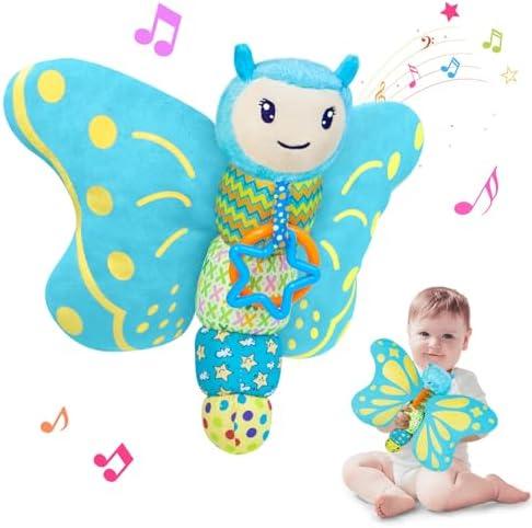 Baby Toys 0-6 Months, Infant Musical Sensory Stuffed Animal with Squeaker, Rattle, Crinkle Wings, Teether & Hanging Ring, Tummy Time Toy for Newborn 0-3-6-12 Months Boys & Girls Gift, Butterfly, Blue