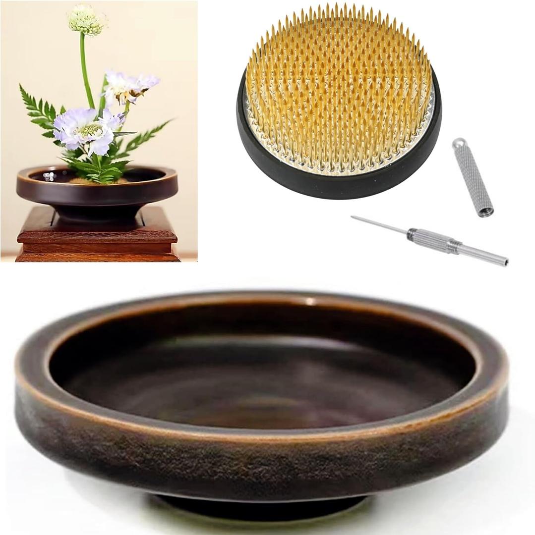 Japanese Classical Ikebana Vase Kit, Minimalist Ceramics Flower Pot Flower Shallow Container with 2.4inch Flower Frog and 2-in-1 Flower Arrangement Kenzan Needle Straightening Tool (Glaze Color)