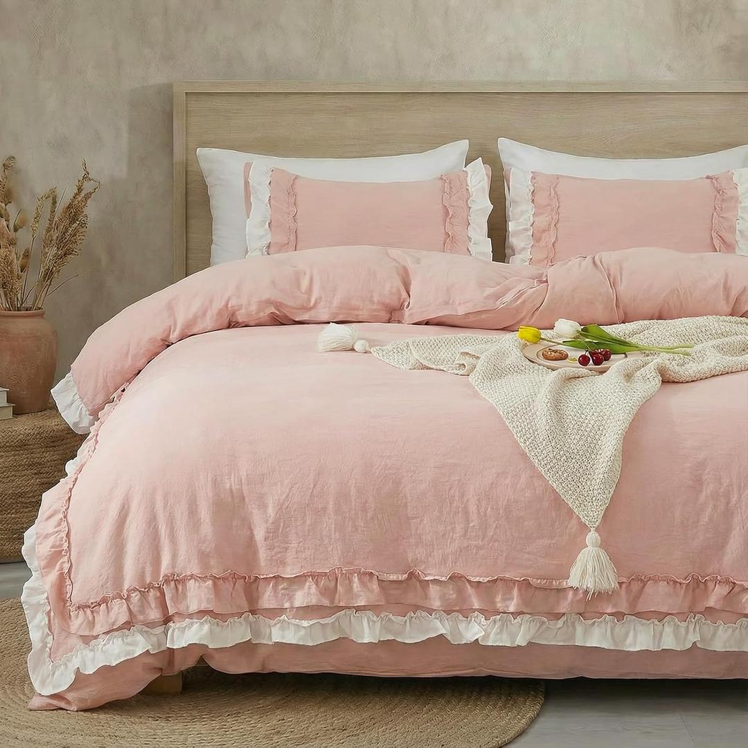 Bedorm Ruffle Duvet Cover Queen Coquette Bedding Ultra Soft Breathable Shabby Chic Bedding Pink Ruffled Duvet Cover Set Cute Comforter Cover