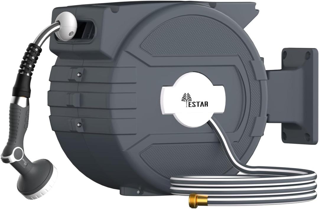 Retractable Garden Hose Reel 1/2 in x65 ft, Garden Water Hose Reel with 10- Function Sprayer Nozzle, Any Length Lock/Automatic Slow Return System,180 Swivel Bracket