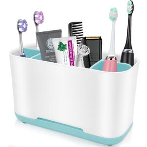 Toothbrush Holder with Anti-Slip, Plastic Detachable for Easy Cleaning Multi-Functional Storage, Large Electric Toothbrush and Toothpaste Organizer Caddy for Bathroom Vanity, Sink, Countertop (Blue)