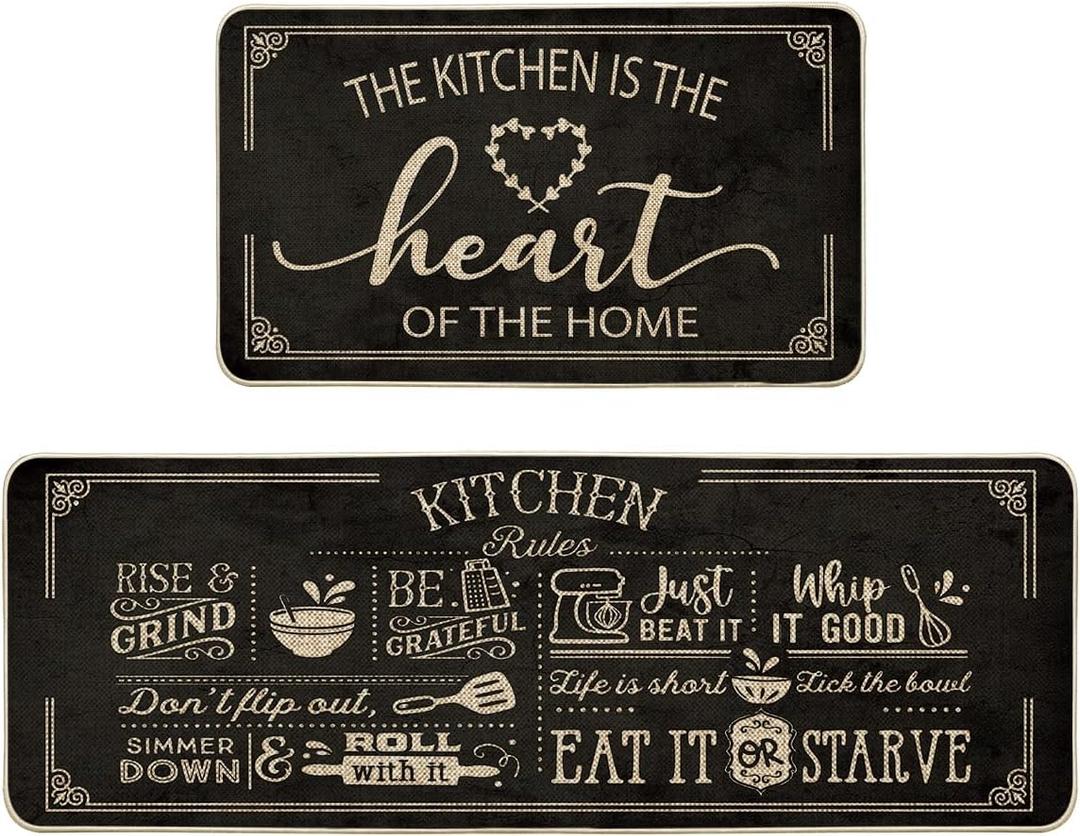 Artoid Mode Black Cooking Sets Kitchen Mats Set of 2, Seasonal The Kitchen is The Heart of The Home Holiday Party Low-Profile Floor Mat for Home Kitchen - 17x29 and 17x47 Inch
