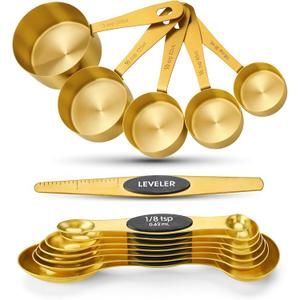 Foyucool Gold Measuring Cups and Spoons, Set of 13, Including 8 Dual Sided Magnetic Measuring Spoons set with Leveler, 5 Measuring Cups, Stainless Steel Kitchen Gadgets for Liquid & Dry Ingredients