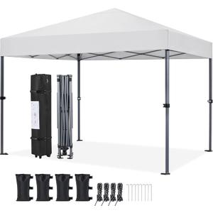 Yaheetech 10x10 1-Person Setup Pop Up Canopy Tent, Instant Portable Commercial Canopy Tent, Outdoor Gazebo with 1-Button Push, Wheeled Bag & 4 Sandbags for Home, Party & Outdoor, Silver-Coated White
