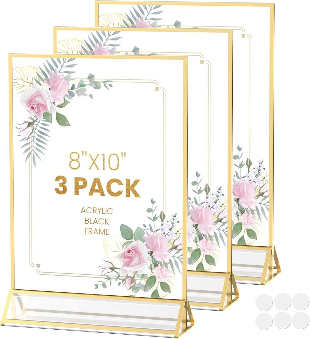 Gold Frames 8X10 Double-Sided Gold Picture Frames Tabletop Acrylic Sign Holder for Wedding Table Number Holder Menu Holder Flyer holder Diaplay Stand with Removable Dot Stickers -3 Pack