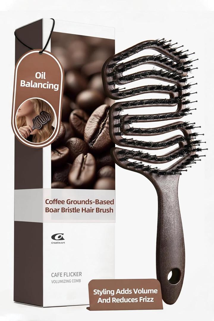 Boar Bristle Hair Brush For Fine Hair, Smoothing & Shine Enhancing Vented Detangler Wet Brushes, Slick Back Paddle Hairbrush with Nylon & Boar Bristles, Gentle Scalp Massage, Coffee Ground Infused