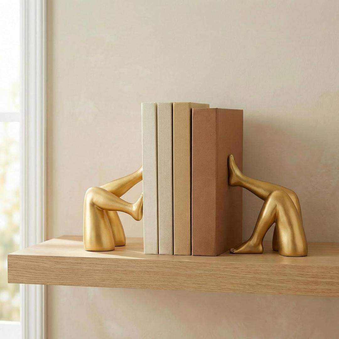 Minimalist Leg Sculpture Bookends for Shelves, Decorative Gold Book Ends, Modern Aesthetic Bookshelf Decor, Resin Book Stoppers for Home Office/Library Decoration
