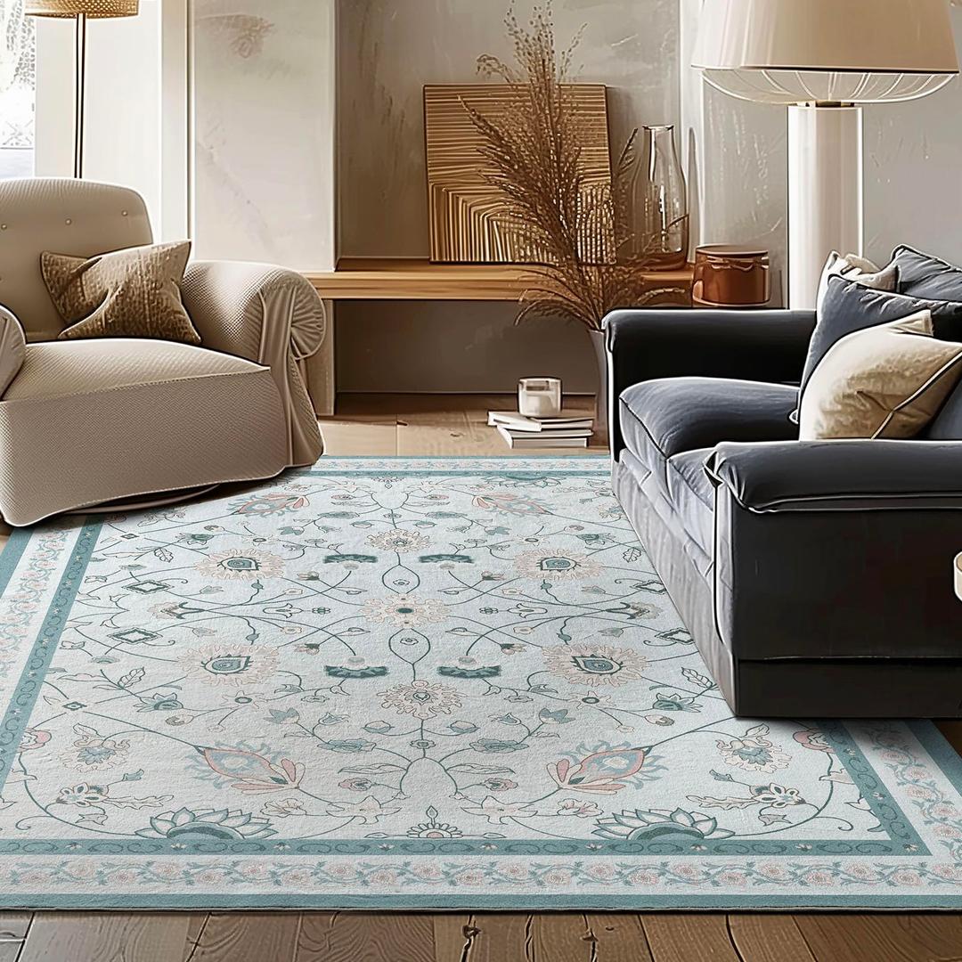 EverGrace Area Rugs for Living Room 6x9, Boho Floral Faux Wool Indoor Outdoor Rugs, Washable Rugs for Bedroom Dining Room Entryway Kitchen, Low Pile Floor Mat Carpet for Home Decor, Pale Blue