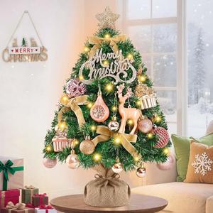 Livole 2 FT Small Christmas Tree, Mini Christmas Tree with Lights, Mini Tabletop Full Xmas Trees with 35 PCS Pink Ornaments, Merry Christmas, Xmas Tree for Table DIY Christmas Decor