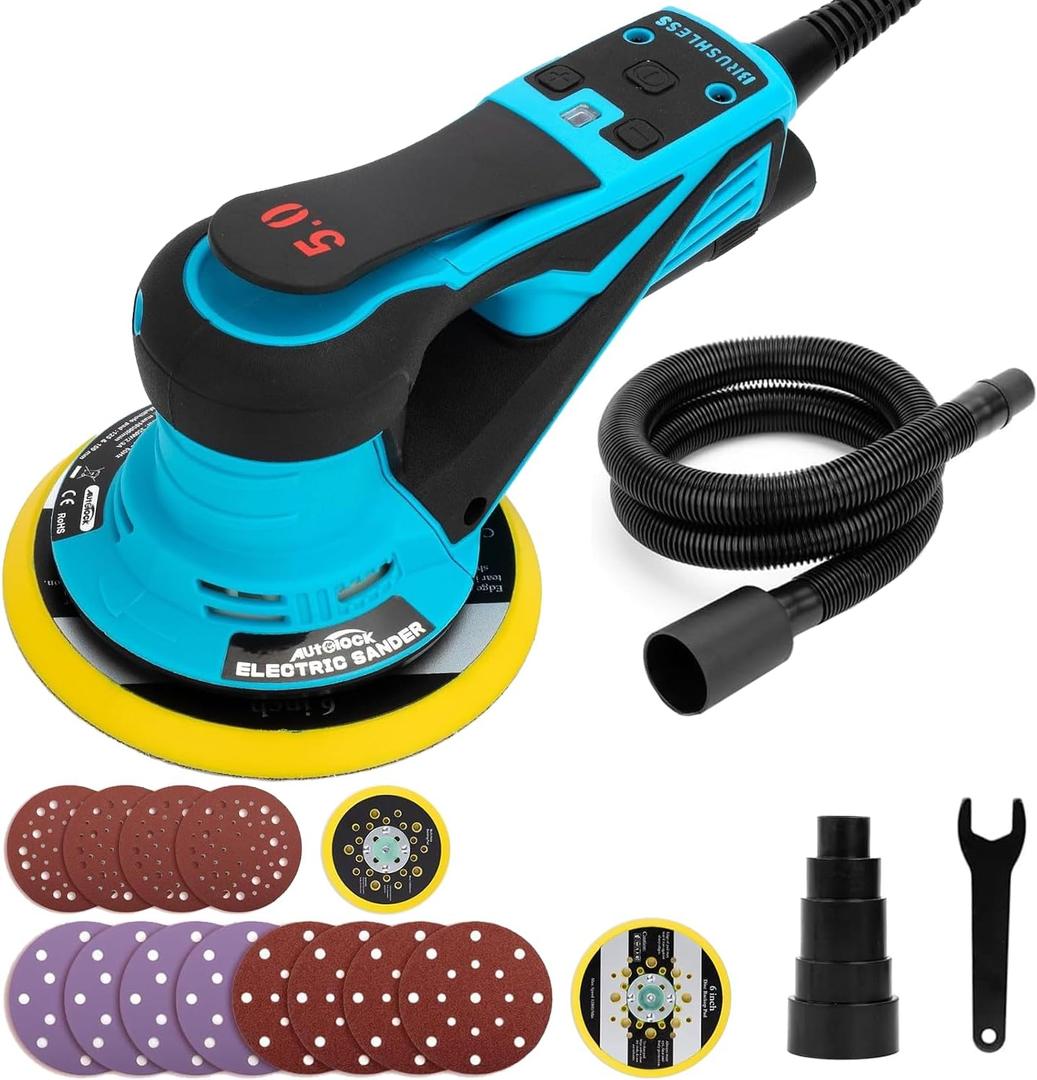 Autolock Electric Random Orbital Sander, 350W Brushless Motor with 5 & 6 Inch pads, 10000RPM Electric Palm Sander for Woodworking, Sanding and Polishing (Blue) (Missing Sandpapers)