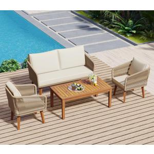 Generic Modern 6-Piece Rope Patio Furniture Set, Outdoor Furniture with Acacia Wood Cool Bar Table with Ice Bucket, Deep Seat Patio Conversation Set with Two Stools for Backyard Porch Balcony (Black & Beige)