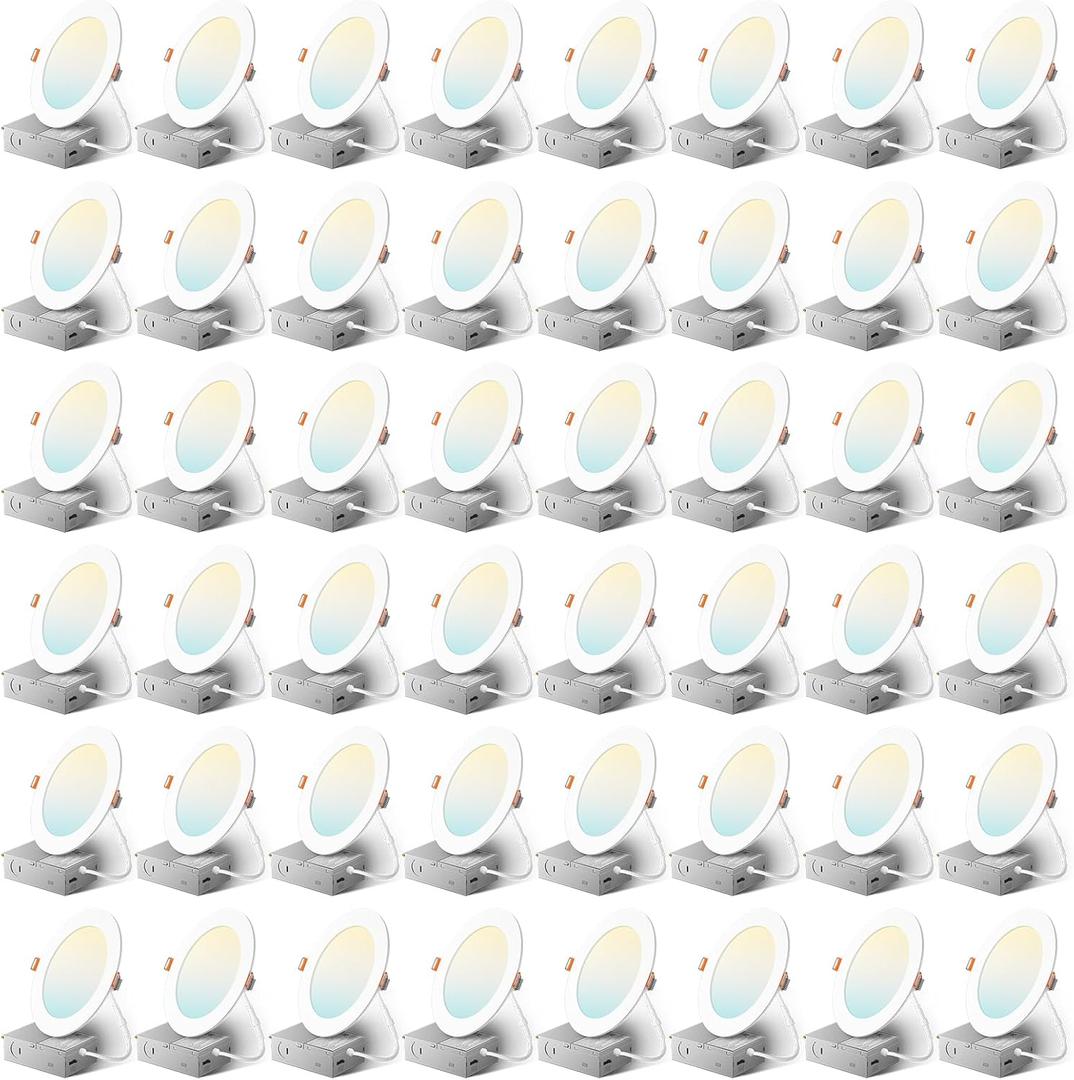Amico 48 Pack 6 Inch 5CCT Ultra-Thin LED Recessed Ceiling Light with Metal Junction Box, 2700K-5000K Selectable, 12W Eqv 110W, Dimmable Canless Wafer Downlight with Plastic Trim, 1050 Lumens -ETL&FCC