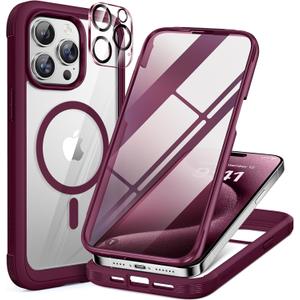Miracase Magnetic for iPhone 12 Pro Max Case [Compatible with MagSafe] Full-Body Phone case with Built-in Glass Screen Protector& Camera Protector, Military Drop Proof 12 Pro Max Cover, Wine Red