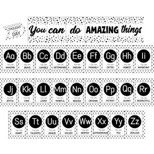 Bulletin Board Letters - ABC Alphabet with Growth Mindset Posters, Black and White Dual-Purpose Resource Motivational Banner English Learning Poster School Classroom Wall Decor for Preschool Supplies