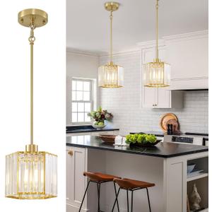 XSDeTu 2 Pack Gold Pendant Lights Kitchen Island, Modern Crystal Pendant Light Fixtures, 1-Light Small Farmhouse Chandelier, Adjustable Brass Hanging Light Fixture for Dining Room, Hallway, Bedroom